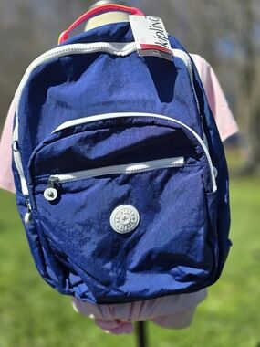 Kipling Seoul Backpack Blue Rainbow Strap Laptop School Travel Bag NWT